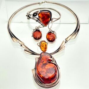 VINTAGE Art Nouveau BALTIC “CONGAC/CHERRY/FIRE” AMBER sterling silver set
